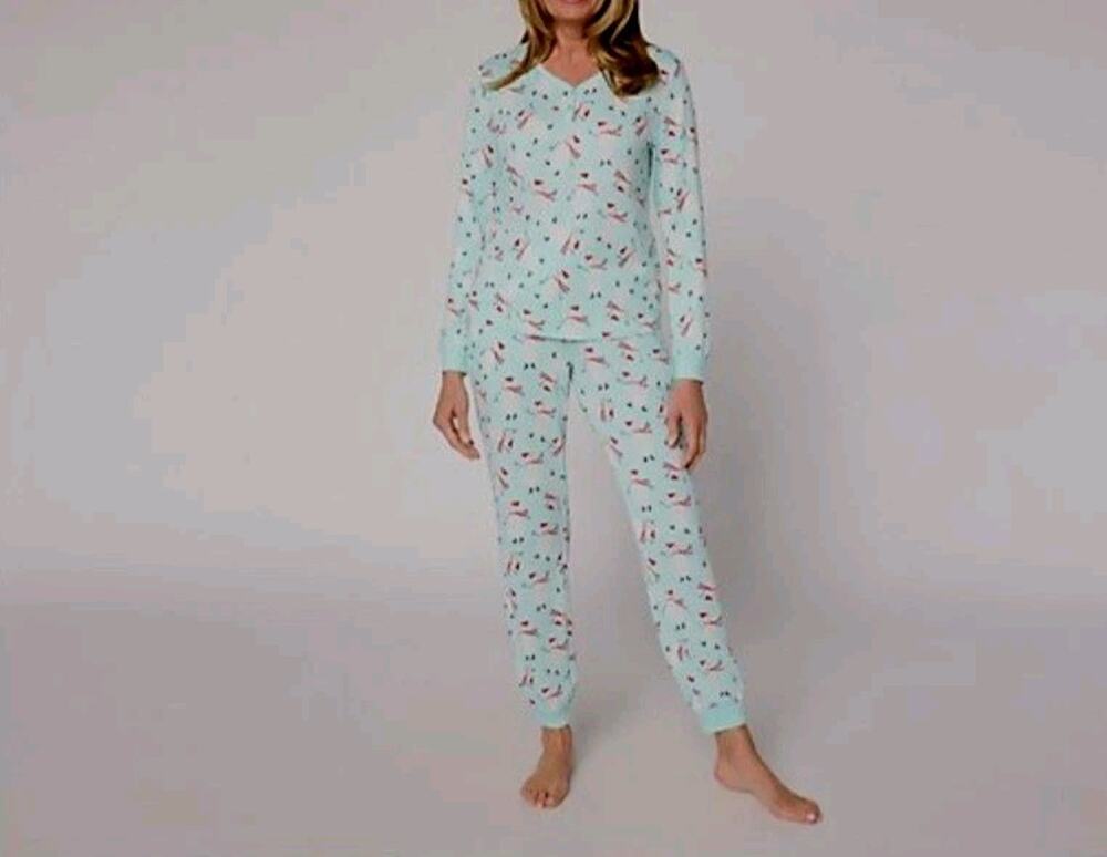 Muk Luks Size Petite M Snowman Cloud Knit Henley Printed Pajama Set A710578 NWT